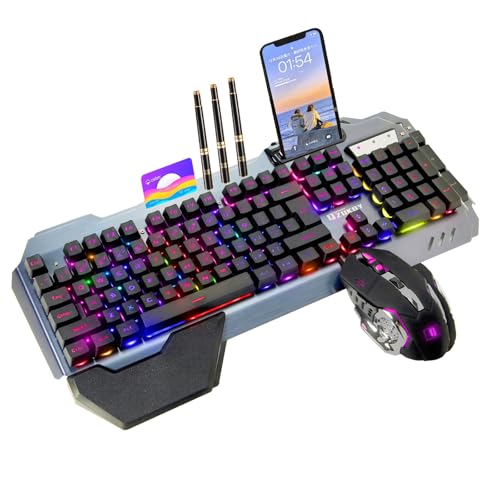 XINMENG RGB Backlit Gaming Keyboard and Mouse Set – 16 Lighting Modes, 2400DPI 4-Button Optical Mouse, Mouse Pad & Phone Holder – Ergonomic Wrist Support – Black